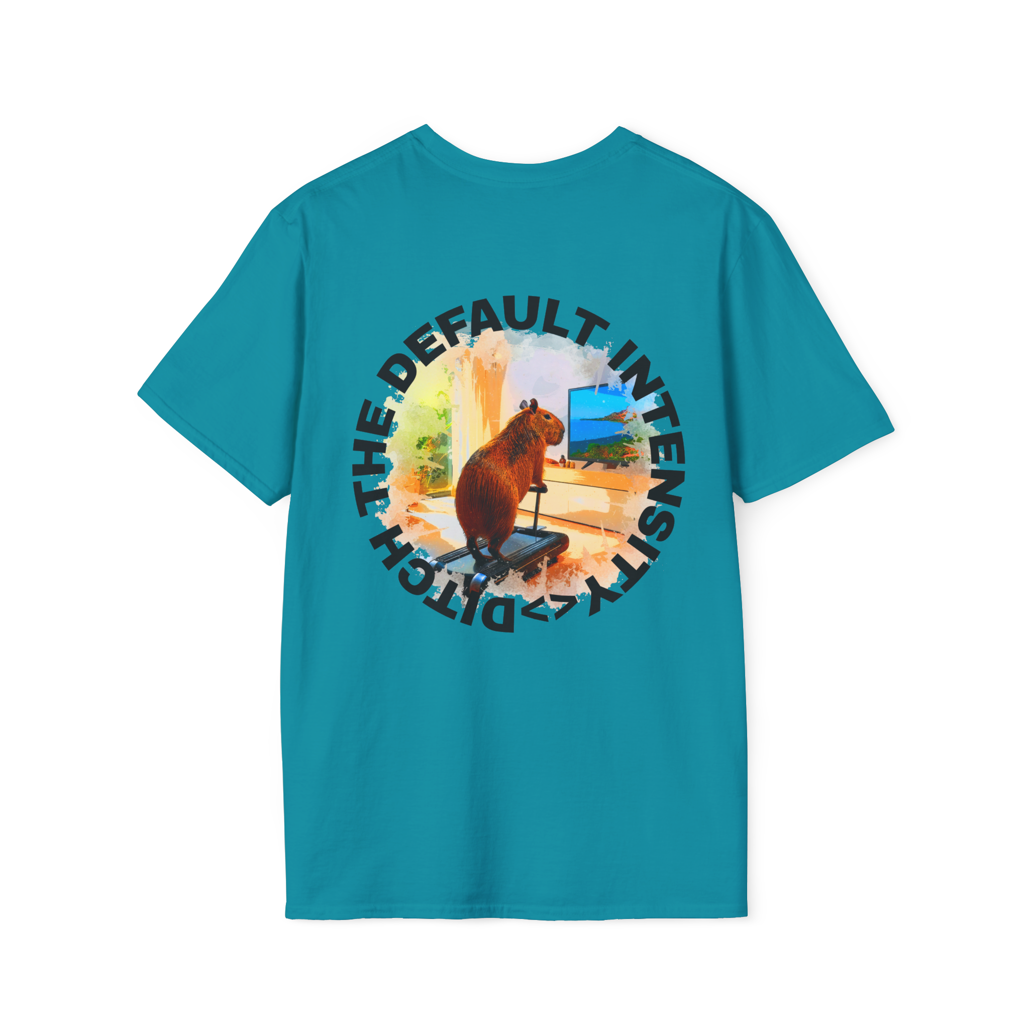 Tropical Blue t-shirt with a graphic design on the back featuring Cozy Capybara Cardio and 'ditch the default intensity' text