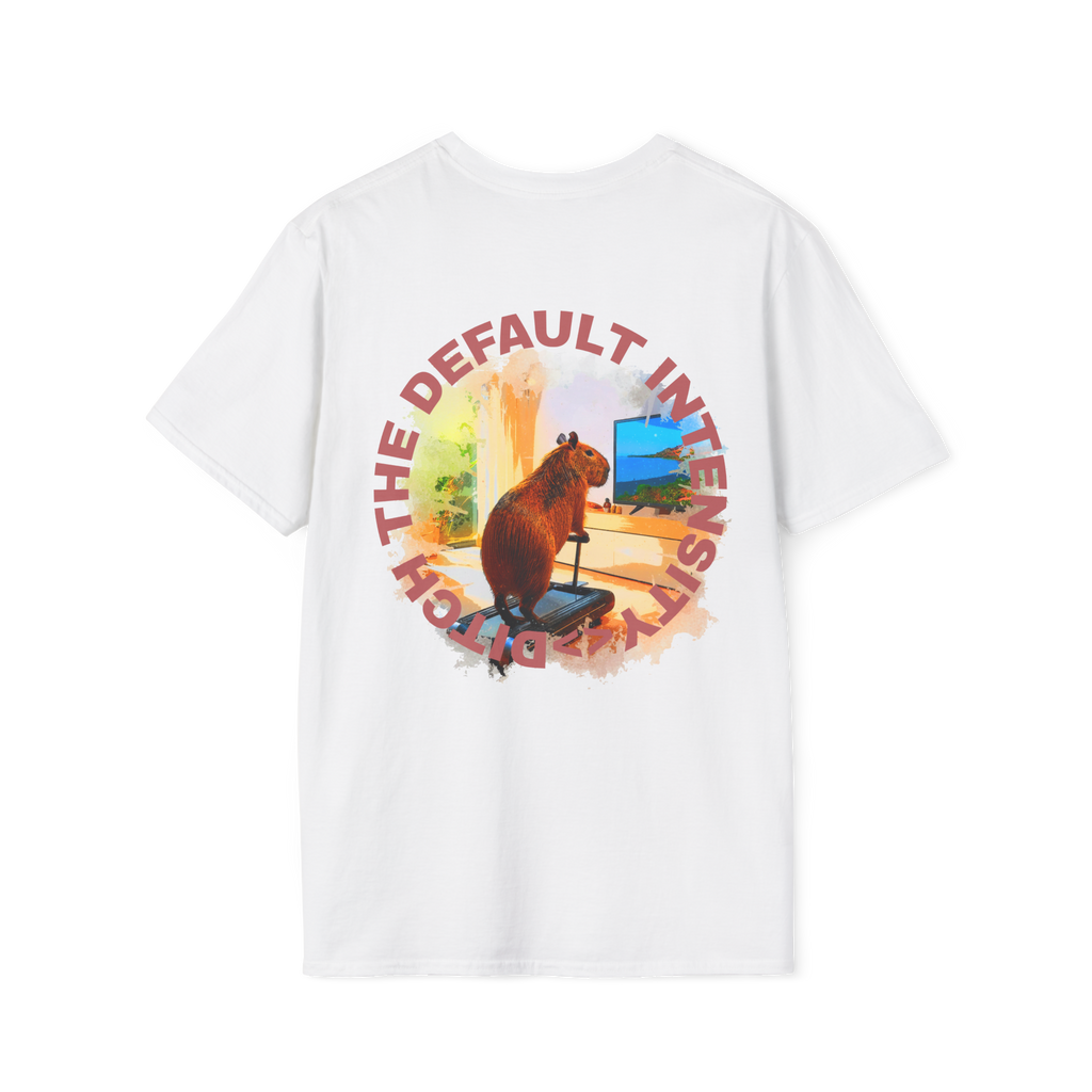 White t-shirt with a graphic design on the back featuring Cozy Capybara Cardio and 'ditch the default intensity' text