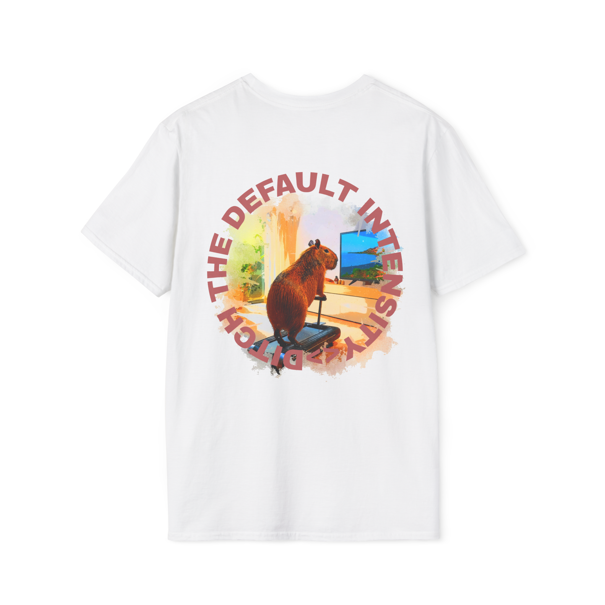 White t-shirt with a graphic design on the back featuring Cozy Capybara Cardio and 'ditch the default intensity' text