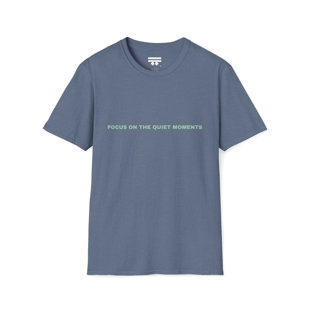 Heather indigo blue t-shirt with 'Focus on the Quiet Moments' text on the front