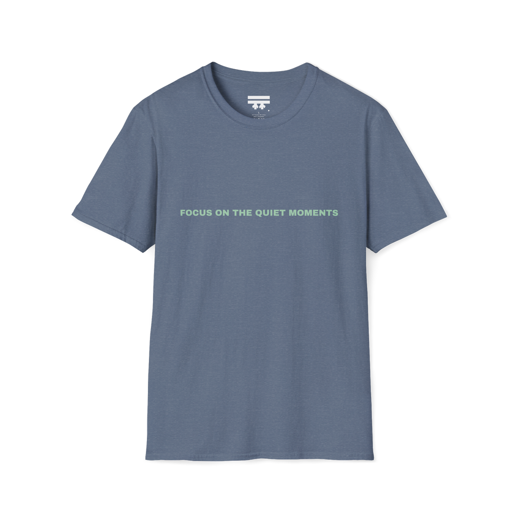 Heather indigo blue t-shirt with 'Focus on the Quiet Moments' text on the front
