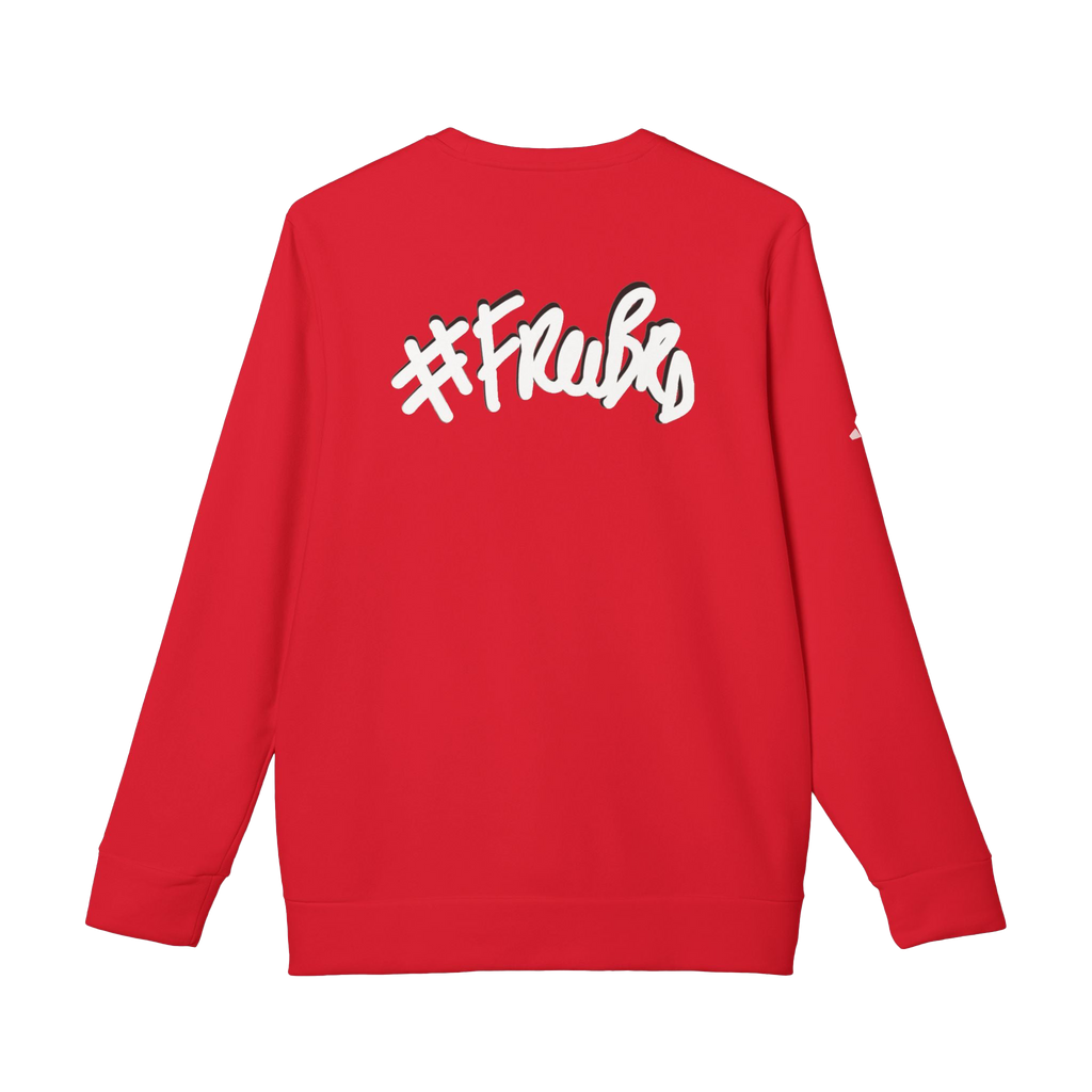 Red Custom Adidas sweatshirt with a white "#Freebrd" black shadowed text centered top on back of sweatshirt with white Adidas logo on right sleeve