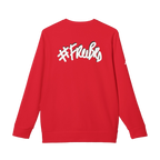 Red Custom Adidas sweatshirt with a white "#Freebrd" black shadowed text centered top on back of sweatshirt with white Adidas logo on right sleeve