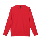 Red Adidas sweatshirt with white Adidas logo on right sleeve