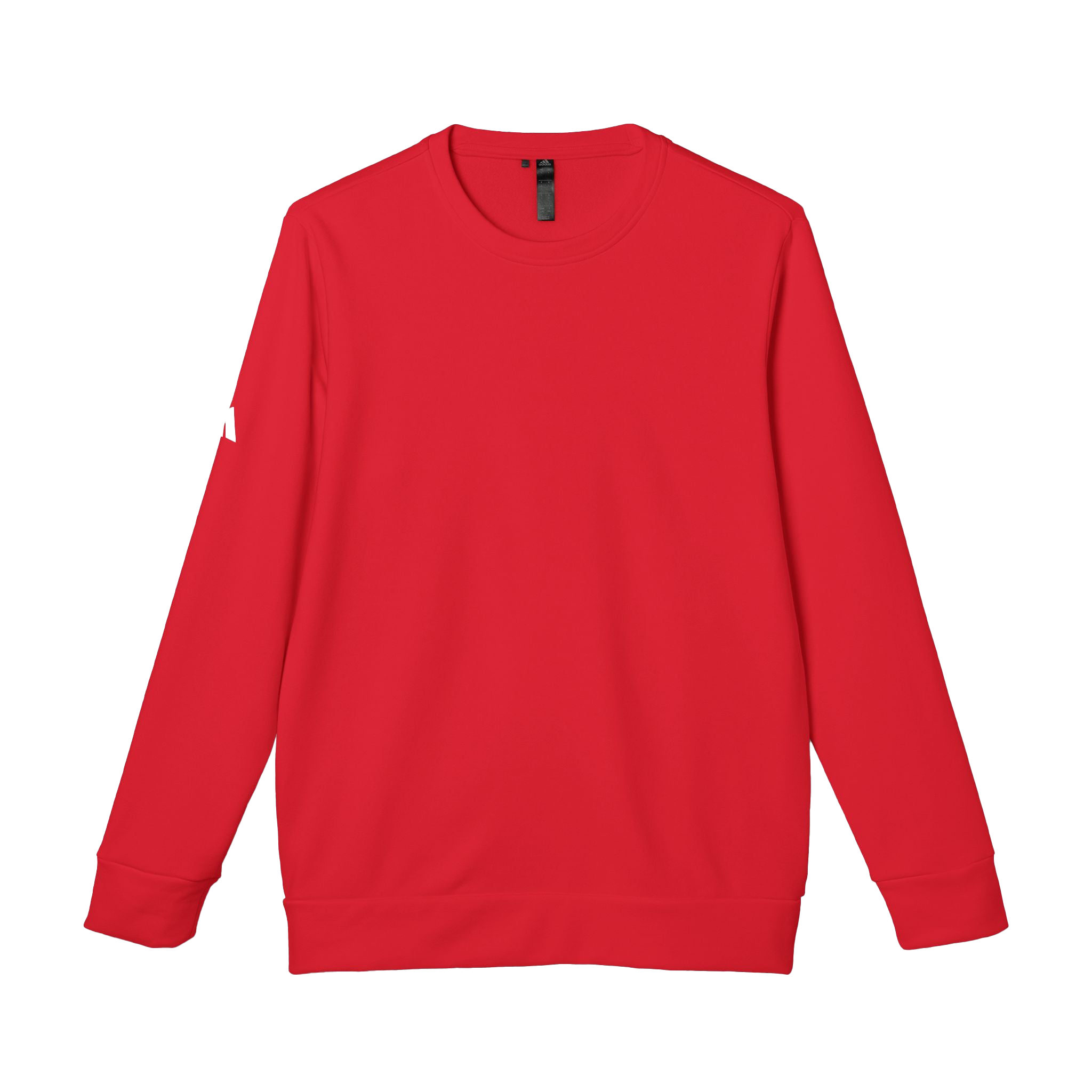 Red Adidas sweatshirt with white Adidas logo on right sleeve