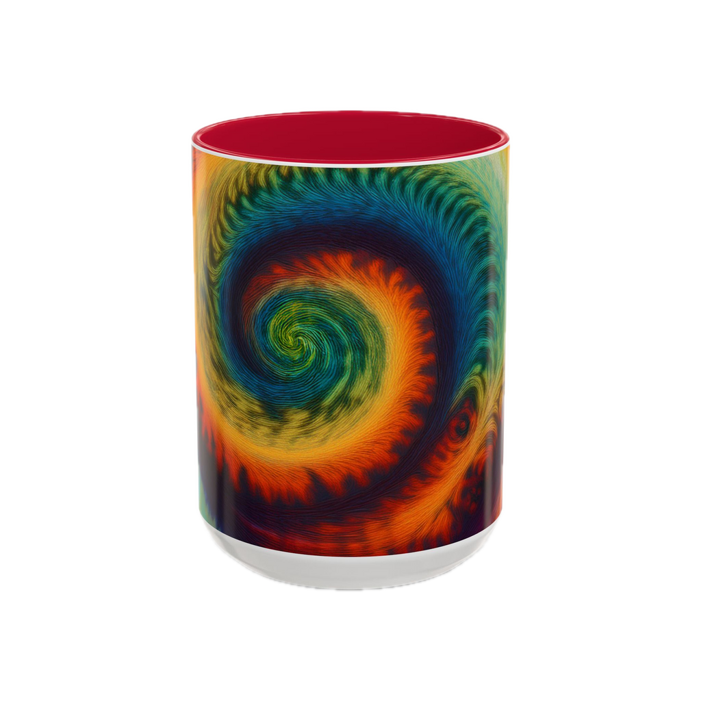 Colorful spiral-patterned mug with red ceramic handle and insides

