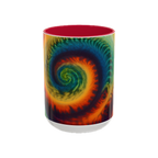 Colorful spiral-patterned mug with red ceramic handle and insides

