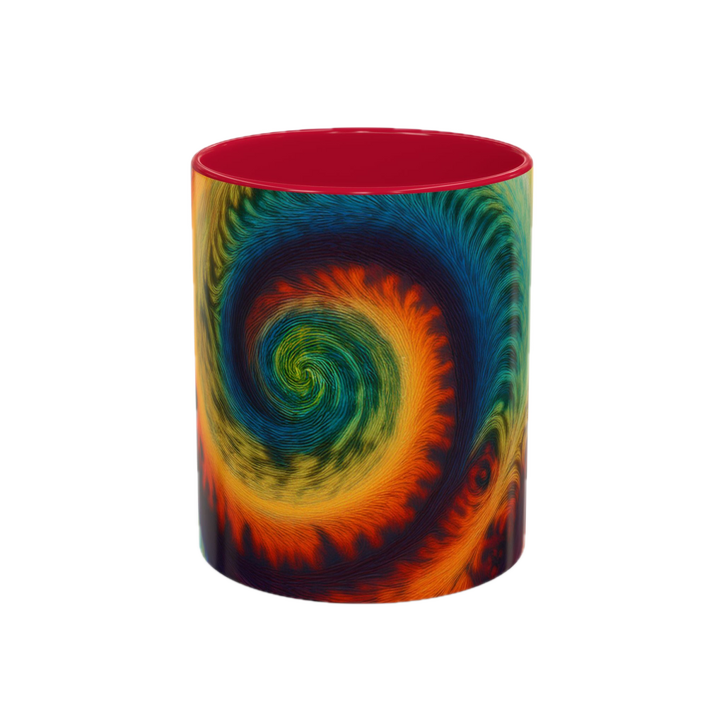 Colorful spiral-patterned mug with red ceramic handle and insides

