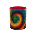 Colorful spiral-patterned mug with red ceramic handle and insides


