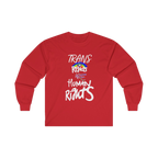 Red long-sleeve shirt with 'Trans Rights Are Human Rights' in white text and rainbow design 

