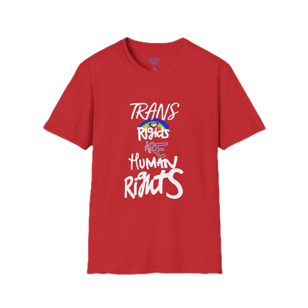 Red Trans Rights Are Human Rights T-Shirt with purple Freebrd logo on inside tag 