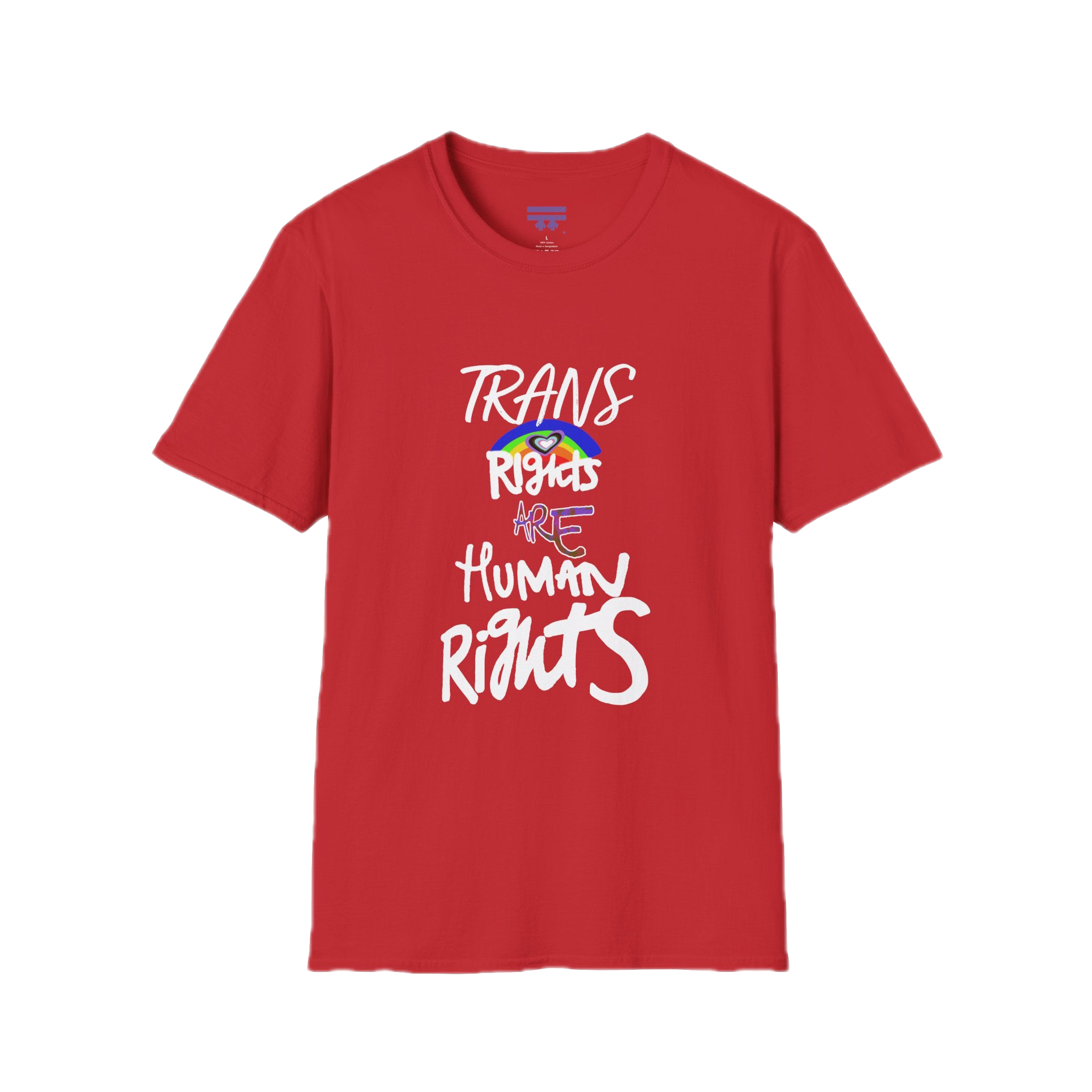 Red Trans Rights Are Human Rights T-Shirt with purple Freebrd logo on inside tag 