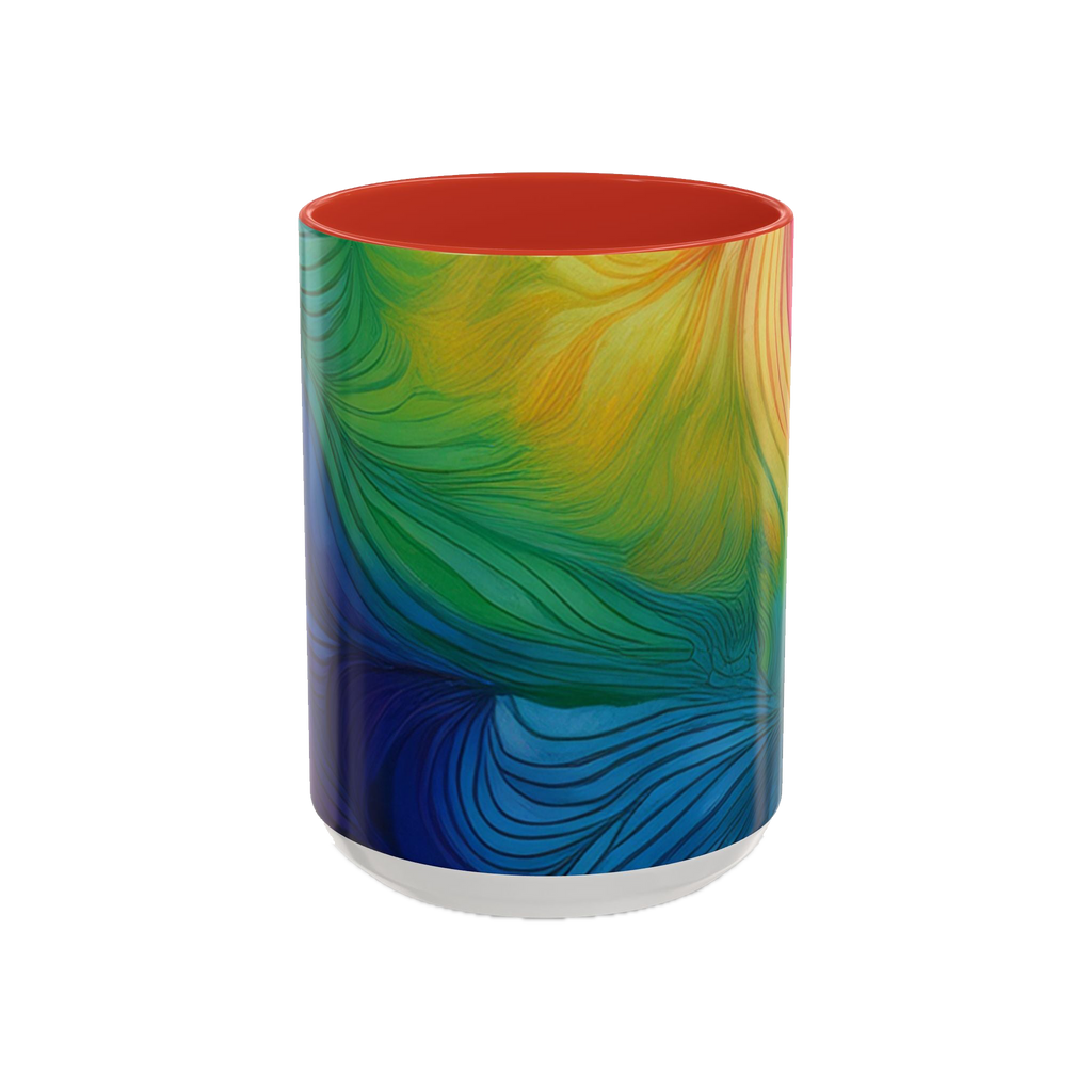 Colorful coffee cup with red ceramic interior

