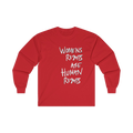 Red long-sleeve shirt with 'Women's Rights Are Human Rights' in white and black text  

