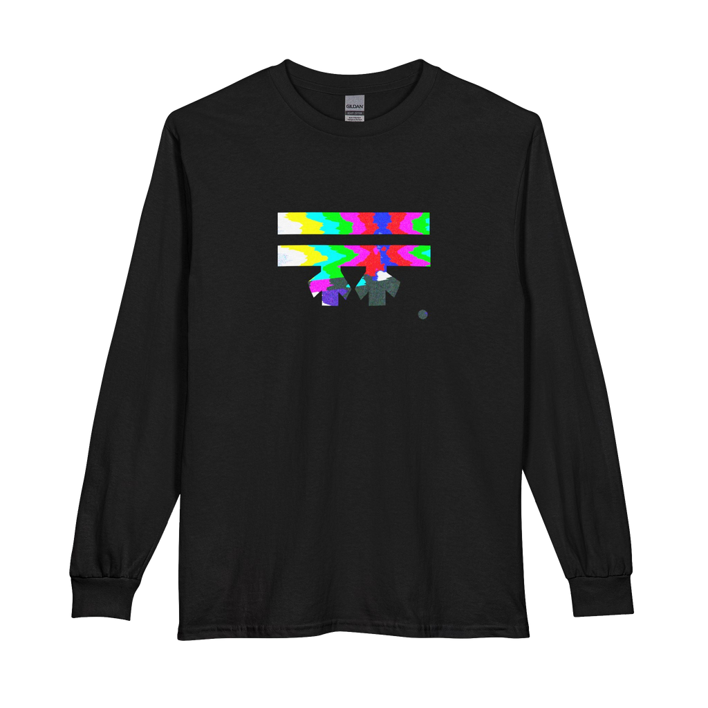 Black long-sleeve shirt with colorful glitch design Freebrd logo  