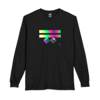 Black long-sleeve shirt with colorful glitch design Freebrd logo  