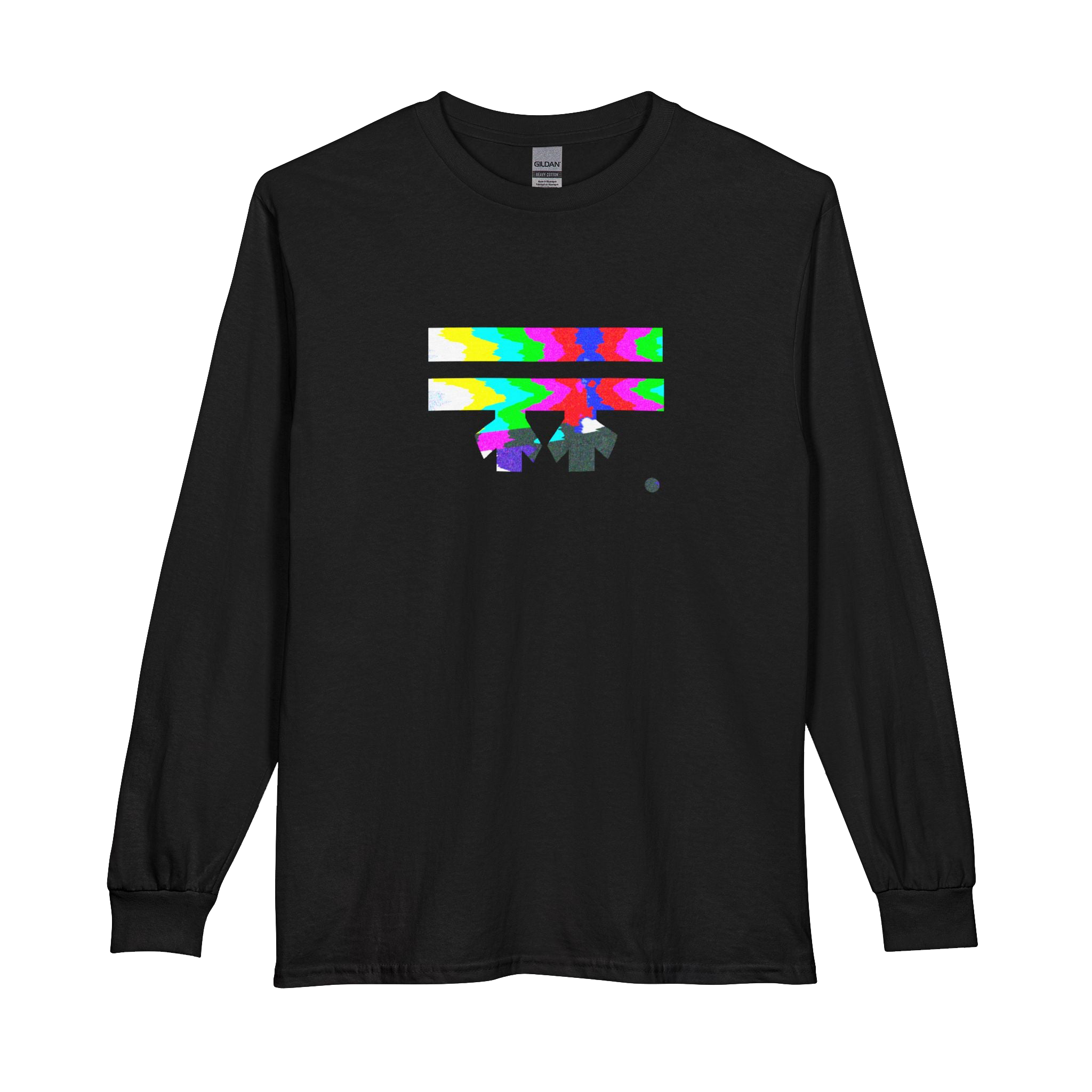 Black long-sleeve shirt with colorful glitch design Freebrd logo  