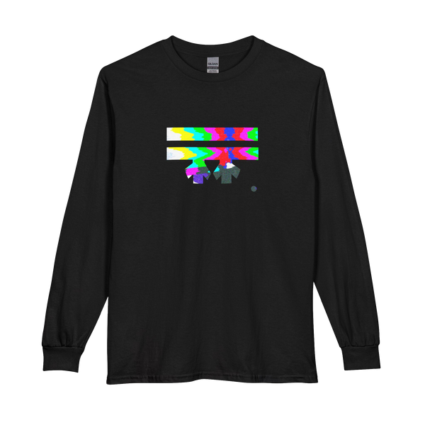 Black long-sleeve shirt with colorful glitch design Freebrd logo  