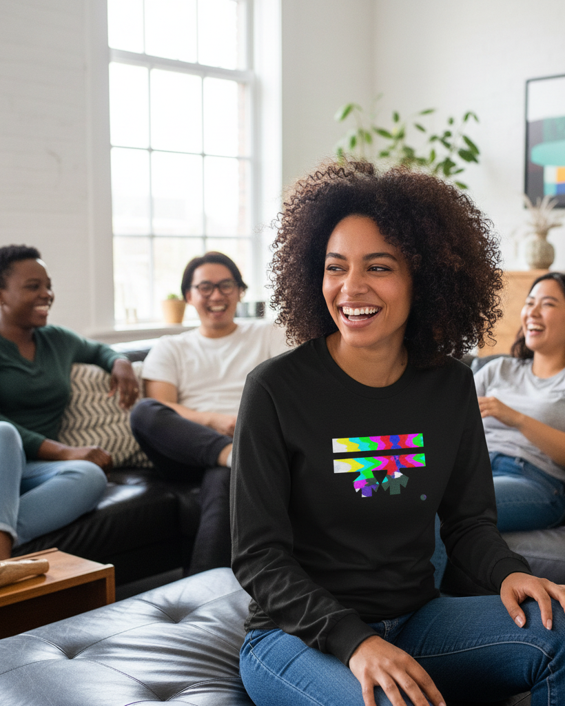 Woman wearing a black Freebrd designed Retro Glitch long sleeve, sitting on an autumn with friends  on the couch in a living room.