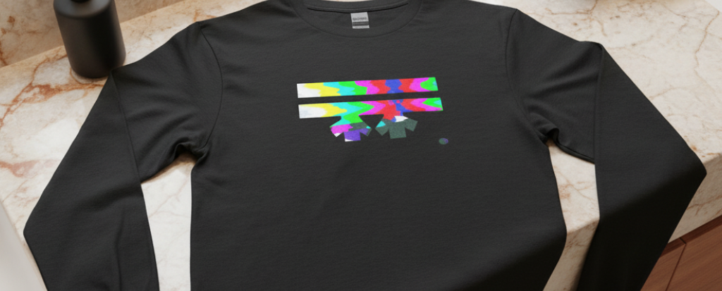 Black long-sleeve shirt with colorful Freeebrd logo graphic design on a white background