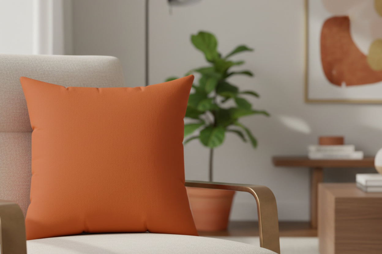 Roman Earth Luxury Faux Suede Square Pillow on a beige armchair in a living room setting with a plant and artwork in the background.