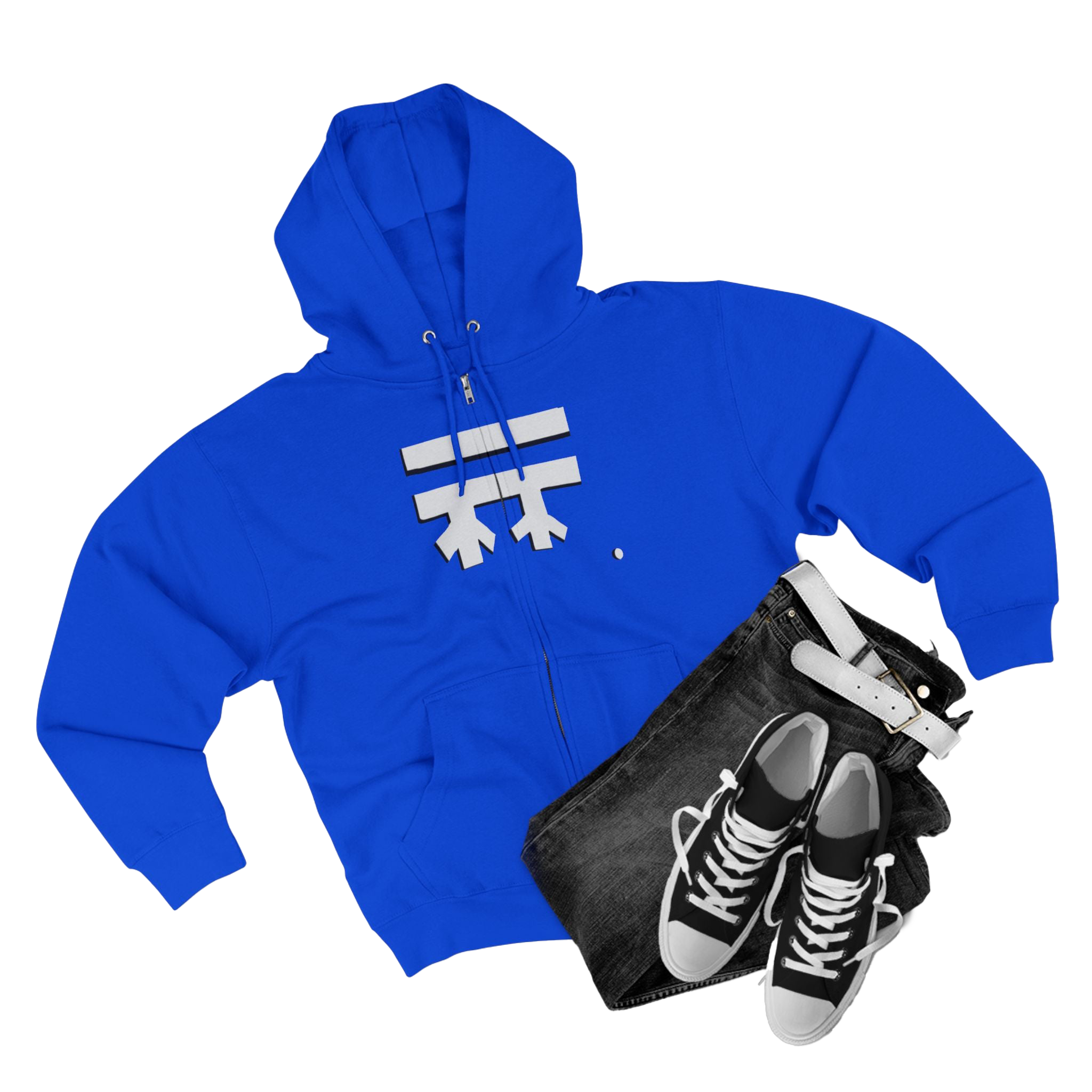 Royal Blue Full-Zip Casual Street wear Hoodie with white, black shadow Freebrd Logo including adjustable drawstring hood and kangaroo pocket. Merch does not include pants and shoes seen in photo
