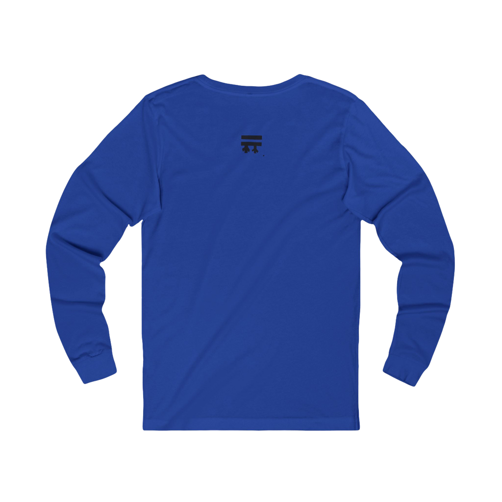 Back view of royal blue long-sleeve shirt with black Freebrd logo top center on a Bella Canvas Unisex Jersey Long Sleeve Tee

