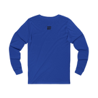 Back view of royal blue long-sleeve shirt with black Freebrd logo top center on a Bella Canvas Unisex Jersey Long Sleeve Tee


