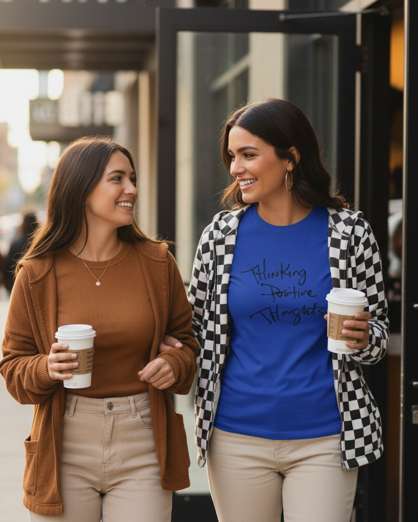 Two women walking outdoors, holding coffee cups, with one wearing a blue Freebrd "thinking positive thoughts" shirt.