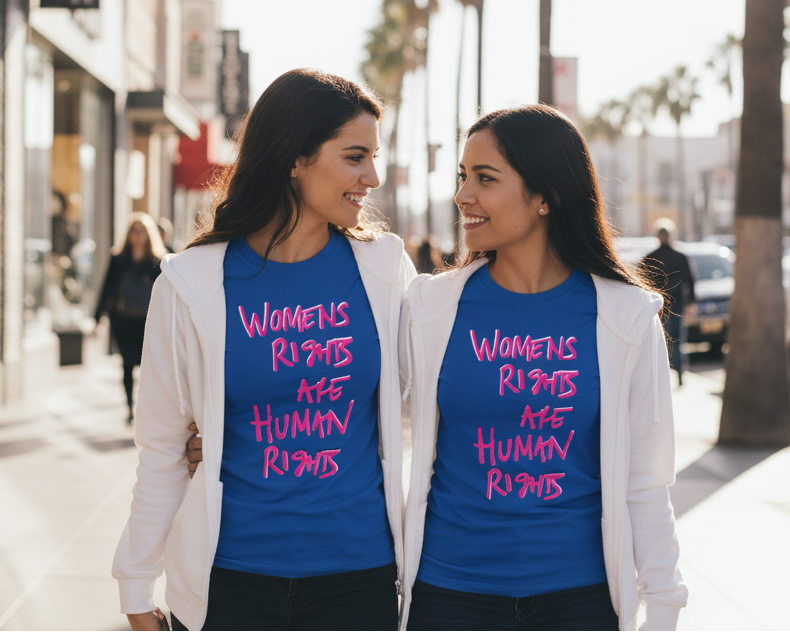 Two women wearing blue Freebrd Women's Rights t-shirts with pink text on a city street.