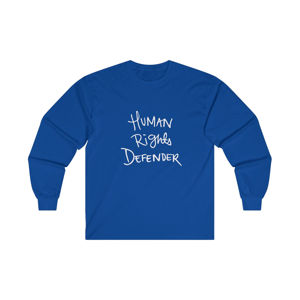 Royal blue long-sleeve shirt with 'Human Rights Defender' in white text 

