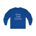 Royal blue long-sleeve shirt with 'Human Rights Defender' in white text 

