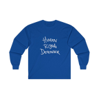 Royal blue long-sleeve shirt with 'Human Rights Defender' in white text 

