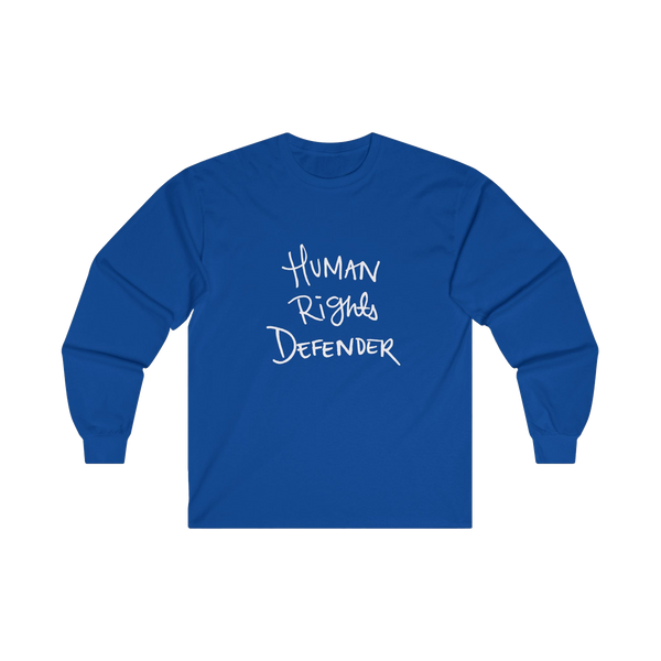 Royal blue long-sleeve shirt with 'Human Rights Defender' in white text 

