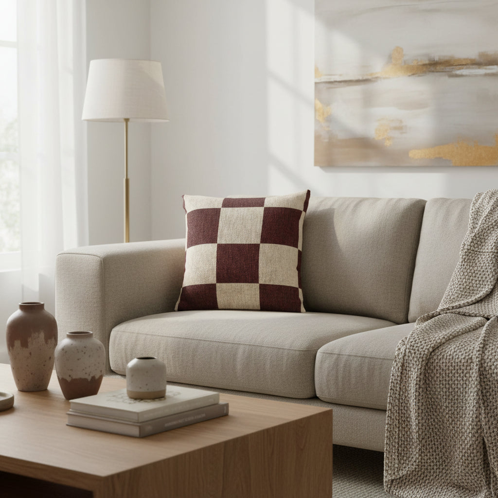 Living room with a beige sofa, Rustic Burgundy & Cream Woven Checkered Pillow, and decorative items on a coffee table.