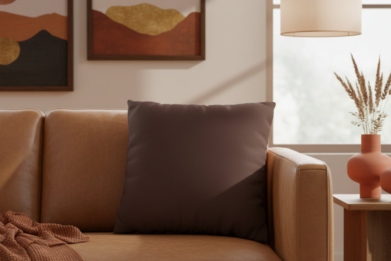 Saddle Brown Luxury Faux Suede Pillow on a leather couch