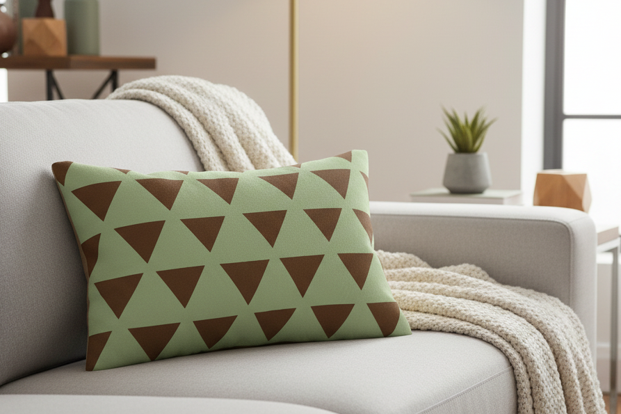 Sage Green pillow with brown triangle pattern on a white couch in a living room setting.