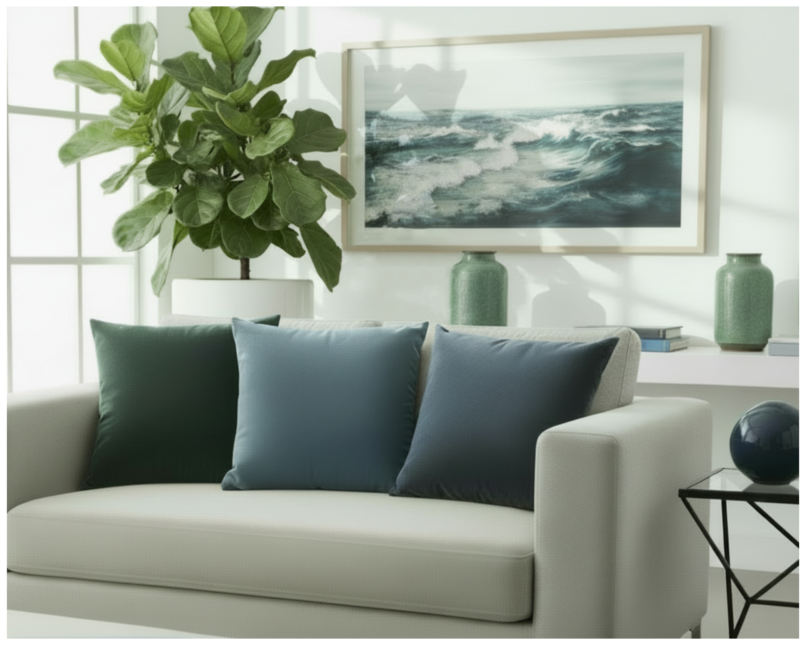 A curated cluster of Mughal Green, Navy Dust and Elegant Blue faux suede pillows from the Sanctuary Series, styled on a modern beige sofa to create a restorative, moody living room aesthetic.