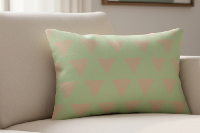 Schist Green Jute Triangle Pattern Lumbar Pillow on a beige sofa