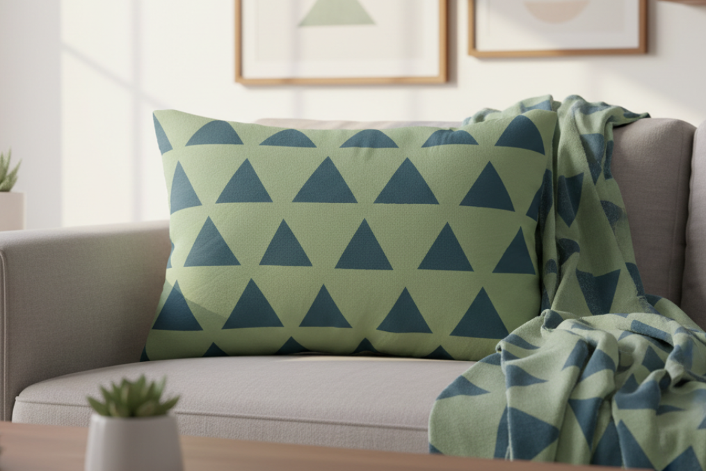 Schist Green & Teal Geometric Triangle Lumbar Pillow on a sofa with a matching blanket in a living room setting.