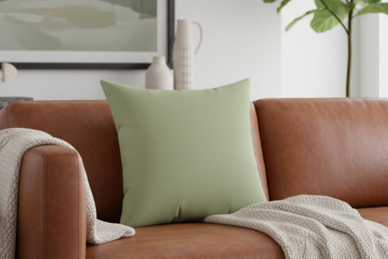 Schist Metamorphic Green Faux Suede Square Pillow on a leather couch with decor in the background.