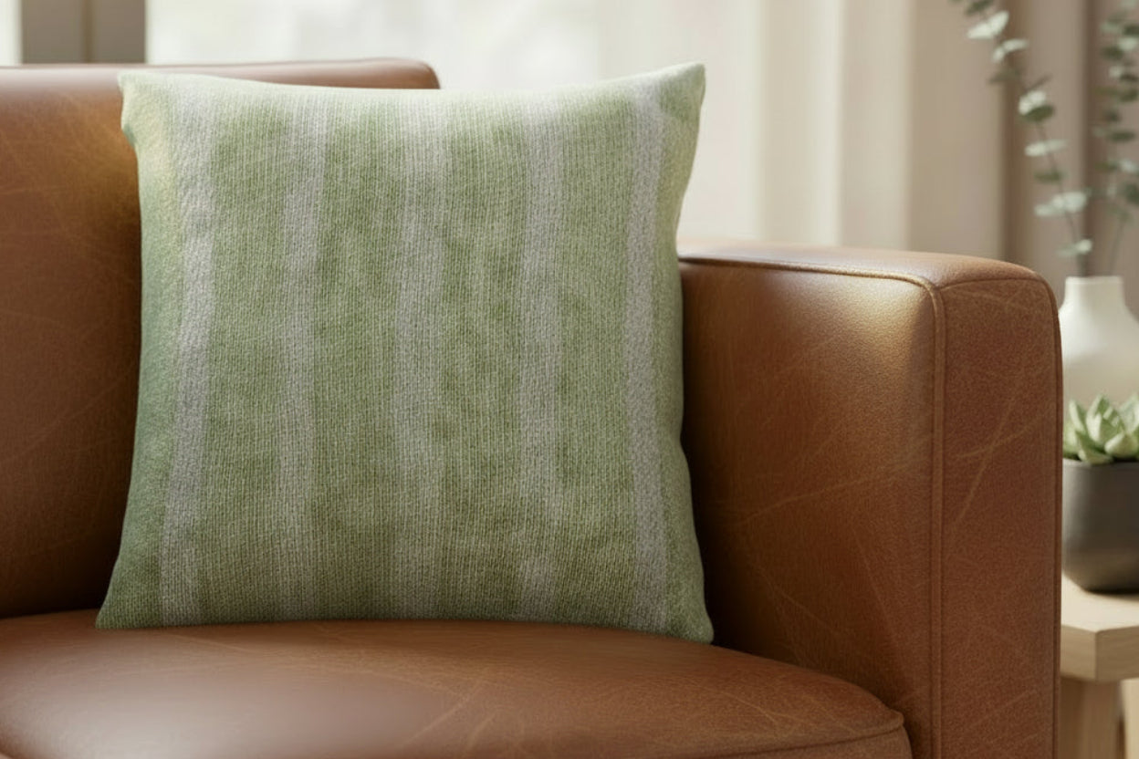 Schist Metamorphic Rock Off White pinstripe Woven Pillow on a brown leather couch in a living room setting.