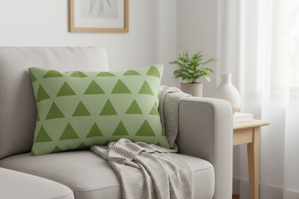 Schist Olive Green Geometric Triangle Lumbar Pillow on a gray sofa in a living room setting.