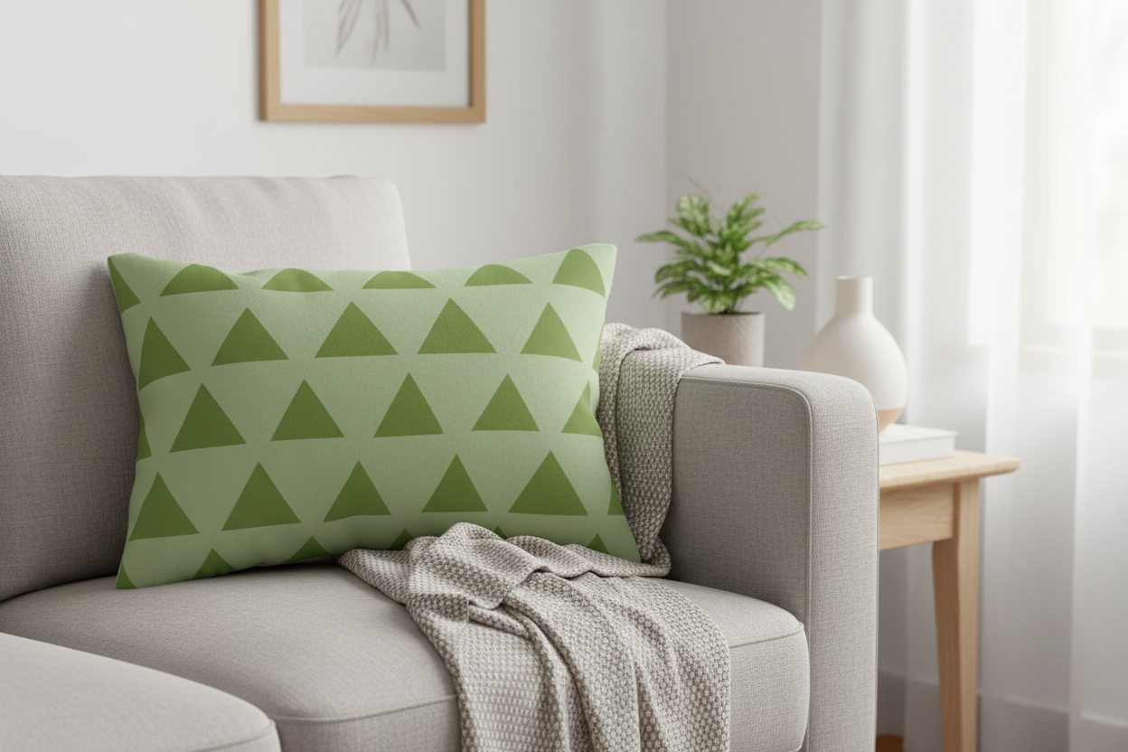 Schist Olive Green Geometric Triangle Lumbar Pillow on a gray sofa in a living room setting.