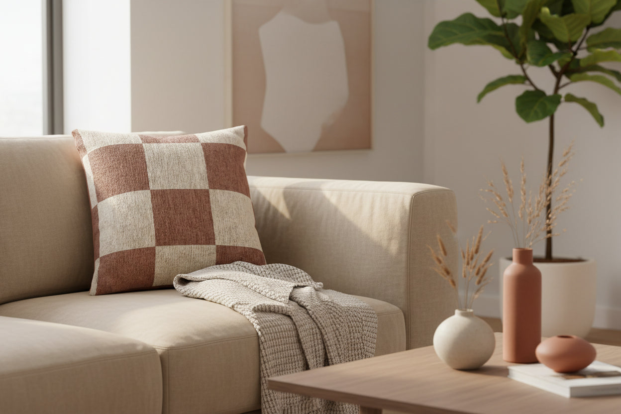 Beige sofa with a Seared Mimosa Pink Woven Checker Pillow and blanket in a living room setting.