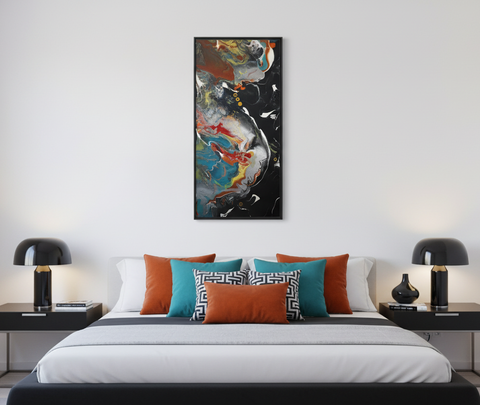 Modern bedroom with abstract Freebrd “silver bird” painting above a bed