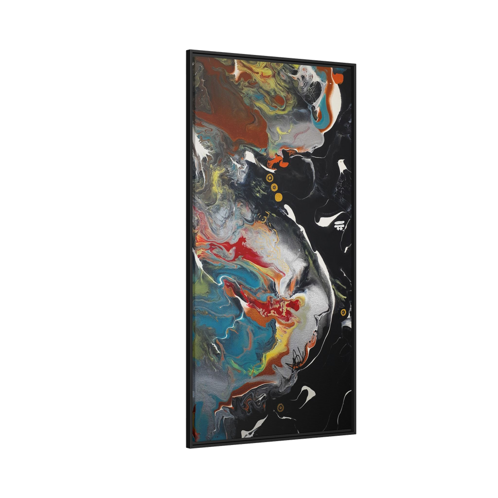 "Silver Bird" 30" x 60" Freebrd Contemporary abstract 1.25 inch canvas print wall art showcasing multi-colors like black, gold, blue and red earth tones. Solidified with a black frame