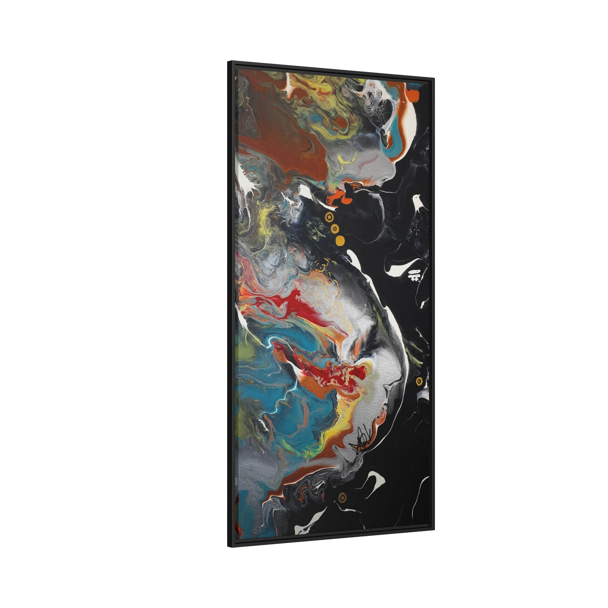 "Silver Bird" 30" x 60" Freebrd Contemporary abstract 1.25 inch canvas print wall art showcasing multi-colors like black, gold, blue and red earth tones. Solidified with a black frame