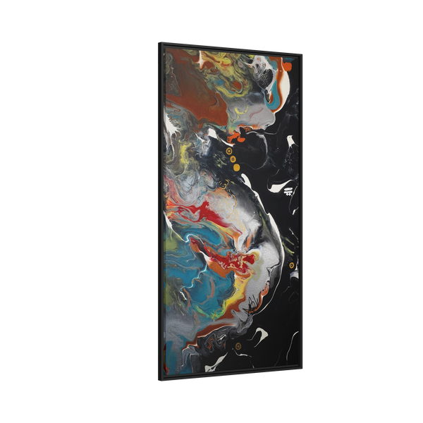 "Silver Bird" 30" x 60" Freebrd Contemporary abstract 1.25 inch canvas print wall art showcasing multi-colors like black, gold, blue and red earth tones. Solidified with a black frame