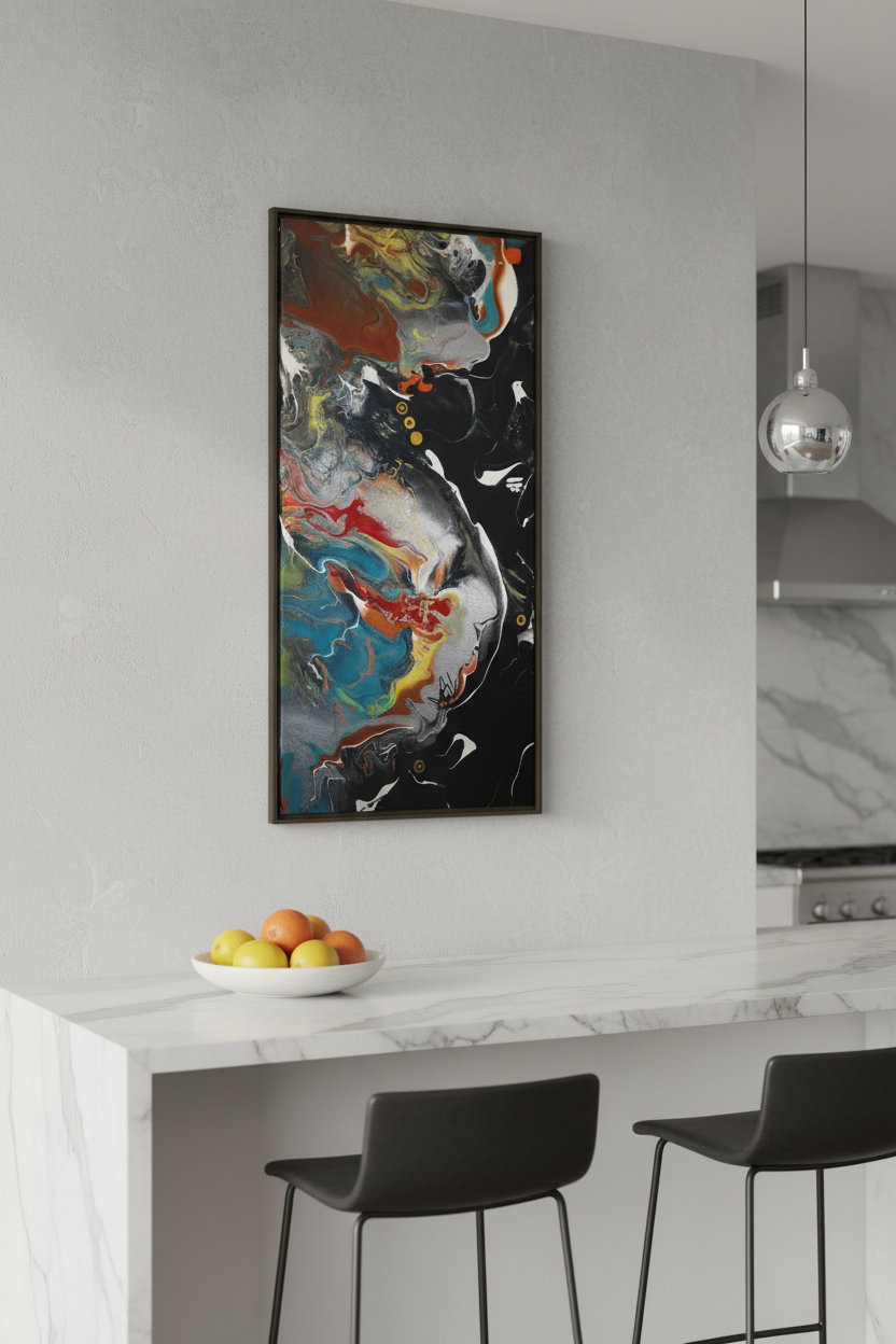 Abstract painting on a wall above a kitchen table counter with fruit and stools.